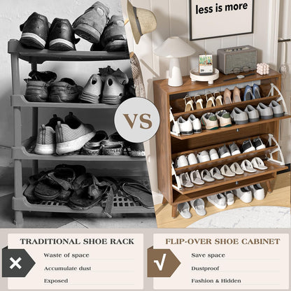 Shoe Storage Cabinet for Entryway with 2 Flip Drawers, Narrow Wood Shoe Cabinet with Fluted Panel, Freestanding Hidden Shoe Organizer for Foyer, Hallway (Walnut)
