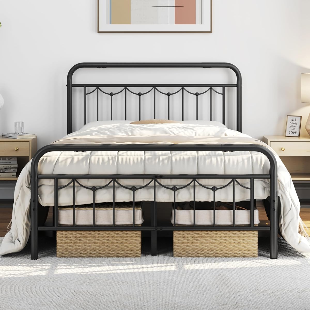 Full Metal Bed Frame with Vintage Spindle Headboard Black