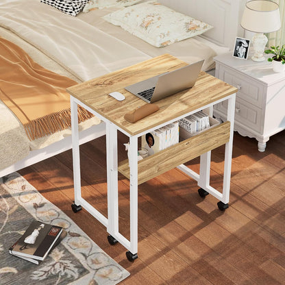 Folding Desk Small Rolling Desk with Storage Shelf,24.8 Inch Foldable Computer Desk with Wheels for Small Space,Easy Assembly,Oak
