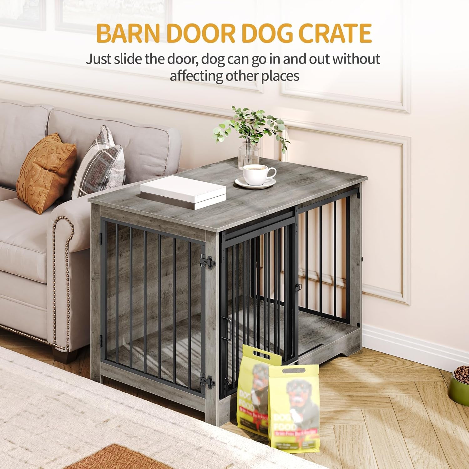 27.2" Dog Crate Furniture with Barn Door, Heavy Duty Dog Kennel Indoor with 2 Doors, Wooden Pet Cage End Table for Small Medium Dogs up to 22 Lb, Anti-Chew Anti-Escape, Greige DFC84305B