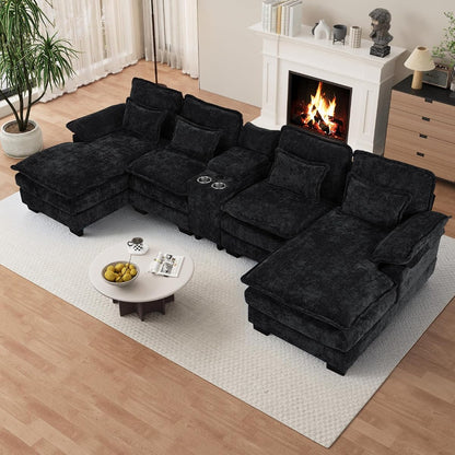 U Shaped Cloud Sectional Couch, 132" Fluffy Modular Sofa Set with Double Chaise Lounge Central Console & USB Port, Comfy Chenille Big Sectional Couches for Living Room, Dark Black