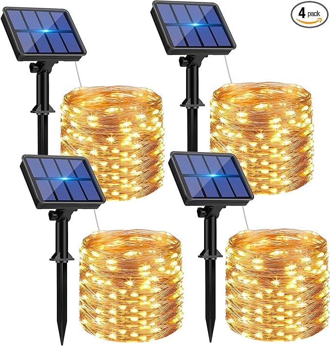 4 Pack Solar String Lights Outdoor - Total 132FT 320LED Solar Fairy Lights Outside Waterproof 8 Modes, Copper Wire Solar Powered Twinkle Light for Garden Tree Christmas Wedding Party,Warm White