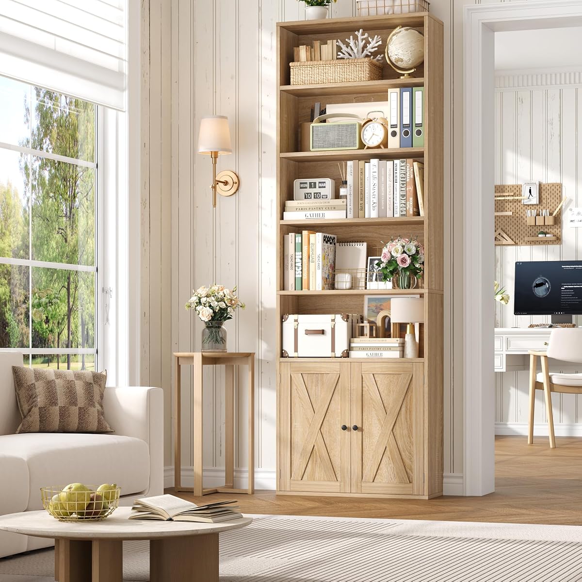 82" Tall Bookcase, Farmhouse Bookshelf with Doors,Light Oak