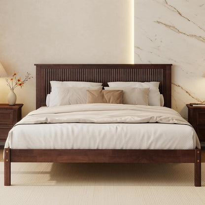 LUMISOL Queen Size Solid Rubberwood Platform Bed with Wave-Styled Headboard