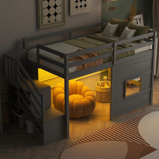 Loft Bed Twin Size with LED Lights for Kids,Grey | Under-Bed Play Space,Wide Staircase,Safety Guardrail,Wood Loft Beds