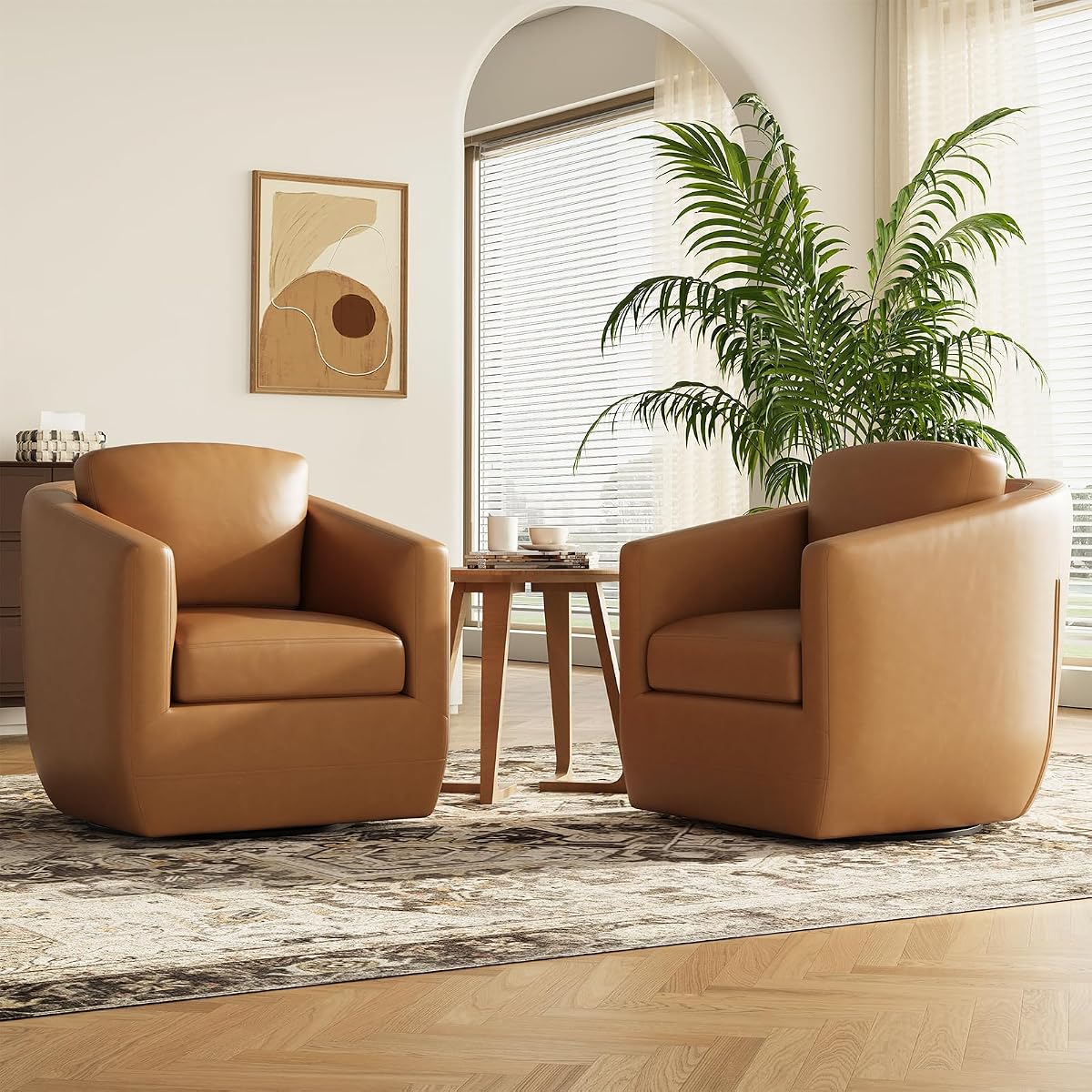 360° Swivel Accent Chair Set of 2 with Pillow - Comfy Living Room Armchair No-Sag Foam & Sturdy Metal Base, Fully Assembled Swivel Accent Single Sofa for Bedroom Living Room, Office, Brown