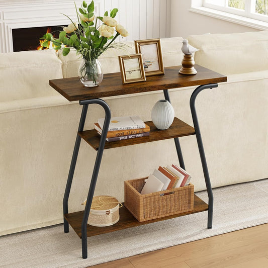 Console Table for Entryway, 3 Tier Narrow Entryway Table Open Shelves, Industrial Farmhouse Sofa Table for Hallway, Kitchen, Living Room and Bedroom, Furniture Decorative,Rustic Brown