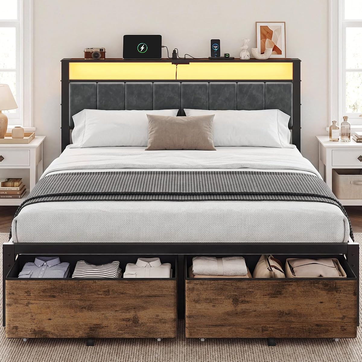 Queen Size Bed Frame with Upholstered Headboard and 2 Fabric Drawers