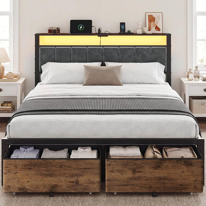 Queen Size Bed Frame with Upholstered Headboard and 2 Fabric Drawers