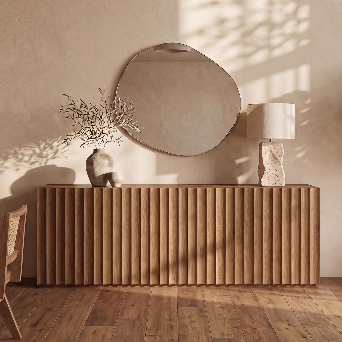 Sideboard Cabinet, 94.11" Buffet Fluted Cabinet, Amber Oak