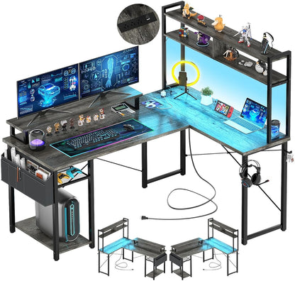 Small L Shaped Gaming Desk with LED Lights & Power Outlets, Reversible L-Shaped Computer Desk with Monitor Stand & Storage Shelf, Corner Desks Home Office Desk with Storage Bag, Grey Oak
