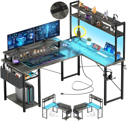 Small L Shaped Gaming Desk with LED Lights & Power Outlets, Reversible L-Shaped Computer Desk with Monitor Stand & Storage Shelf, Corner Desks Home Office Desk with Storage Bag, Grey Oak
