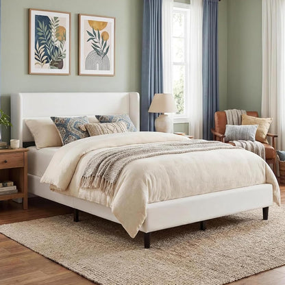 Full Bed Frame with Wingback Headboard, Velvet Upholstered