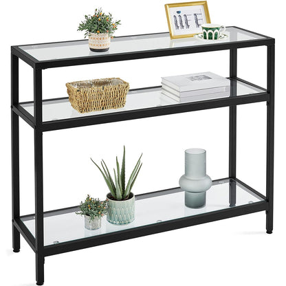 Yaheetech 39.5" Console Table with 3 Storage Shelves,Tempered Glass Sofa Table, Modern Entryway Tables with Metal Frame for Hallway Living Room Bedroom, Easy Assembly, Black