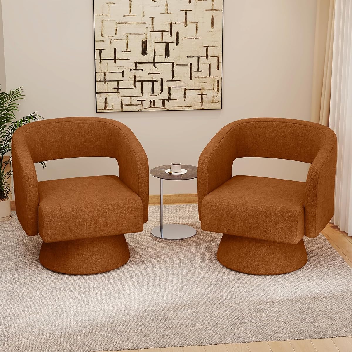 Swivel Accent Chair Set of 2, Modern Comfy Chenille Barrel Chairs, Oversized Upholstered Round Arm Chair for Living Room, Bedroom, Reading Room, Caramel