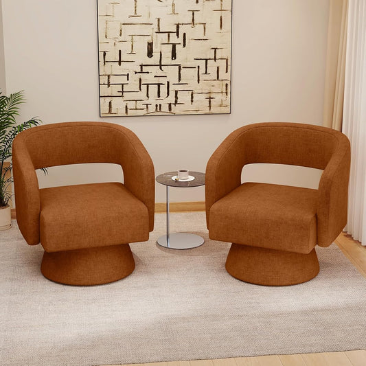 Swivel Accent Chair Set of 2, Modern Comfy Chenille Barrel Chairs, Oversized Upholstered Round Arm Chair for Living Room, Bedroom, Reading Room, Caramel