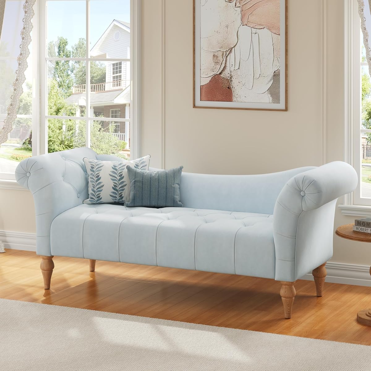 Ucal Velvet Upholstered End of Bed Ottoman, Wooden Living Room Ottoman Bench with Curved Arms, Long Entryway Bench with Button Tufting, Long Seating for Bedroom, Light Blue