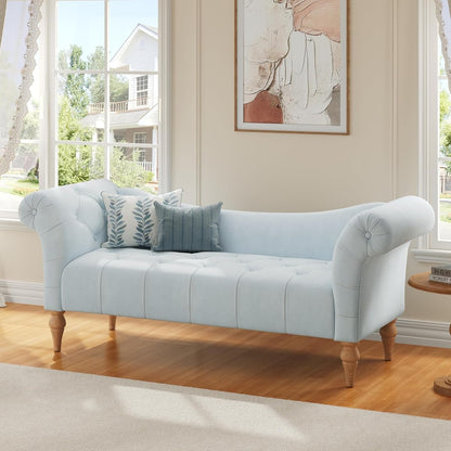 Ucal Velvet Upholstered End of Bed Ottoman, Wooden Living Room Ottoman Bench with Curved Arms, Long Entryway Bench with Button Tufting, Long Seating for Bedroom, Light Blue