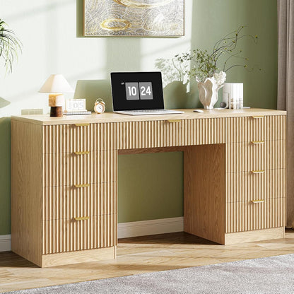 59 Inch Fluted Computer Desk with 9 Drawers, Natural