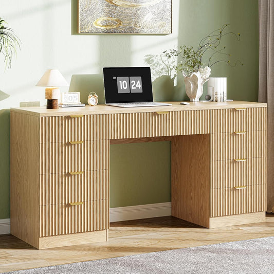 59 Inch Fluted Computer Desk with 9 Drawers, Natural