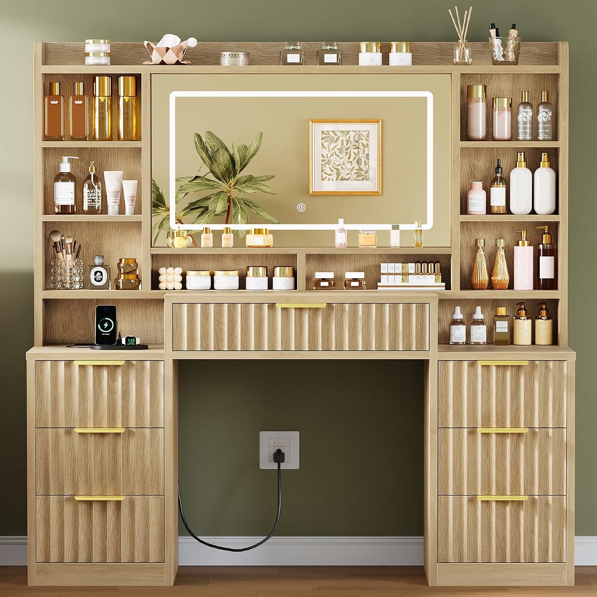 Fluted Large Vanity Desk with Mirror and Lights, Power Outlet