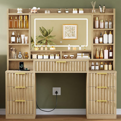 Fluted Large Vanity Desk with Mirror and Lights, Power Outlet