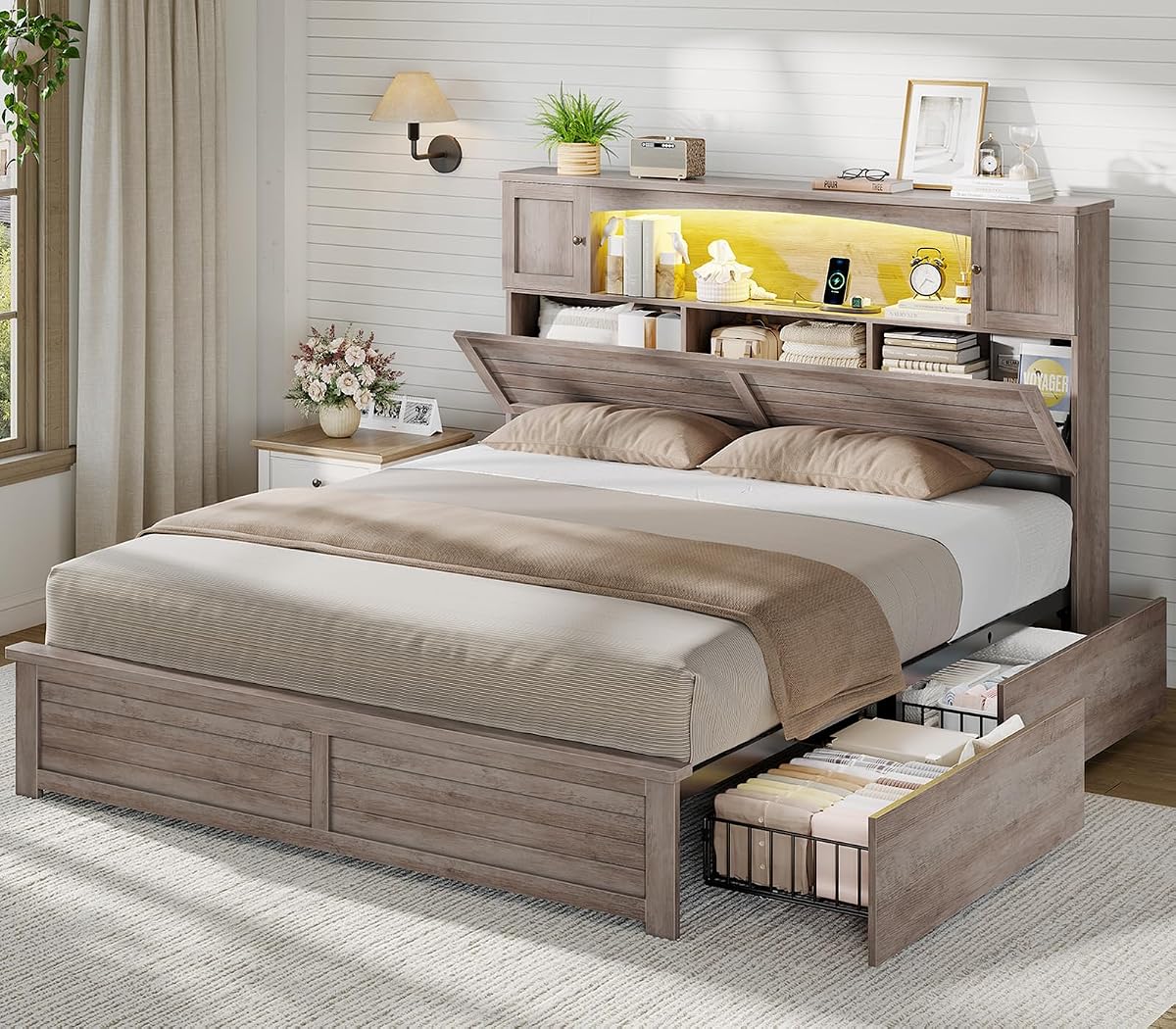Farmhouse Queen Bed Frame with Bookcase and Storage Cabinets Headboard