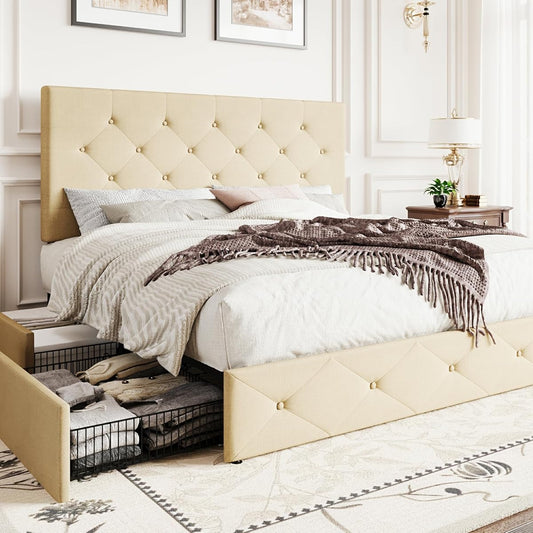Upholstered Queen Size Platform Bed Frame with 4 Storage Drawers