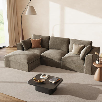 110" Cloud Sectional Couches for Living Room, Convertible L Shape Boneless Couch with Ottoman, Oversized Modular Cloud Sofa Set, 3 Seat Deep Comfy Sofa for Bedroom Apartment, Chenille (Light Brown)