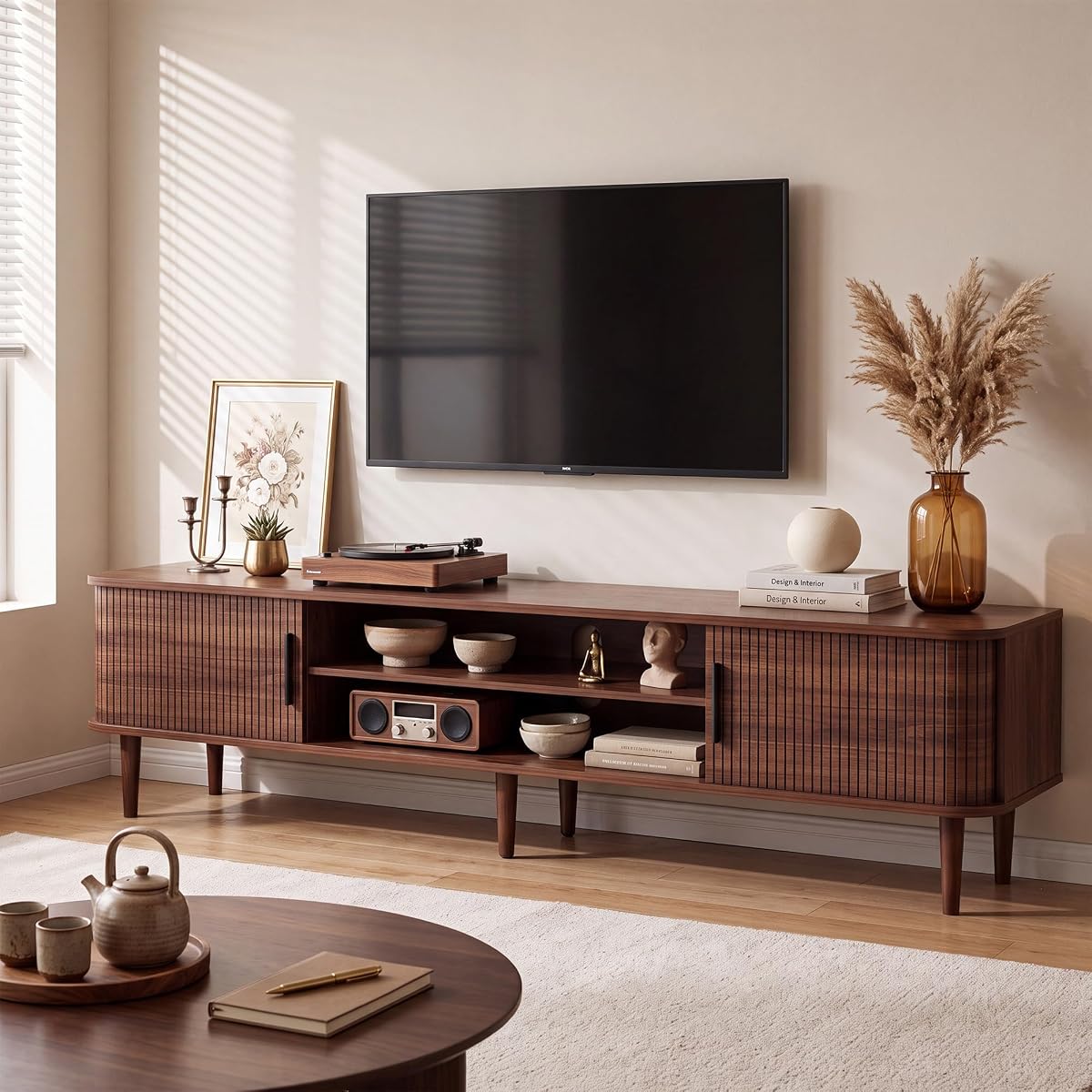 70" TV Stand with Rolling Doors and Storage, Mid-Century, Walnut