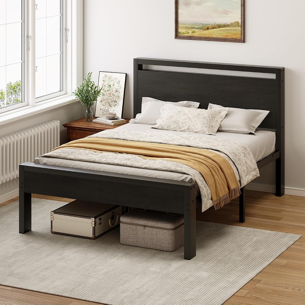 14 Inch Full Size Bed Frame with Wood Headboard, Black