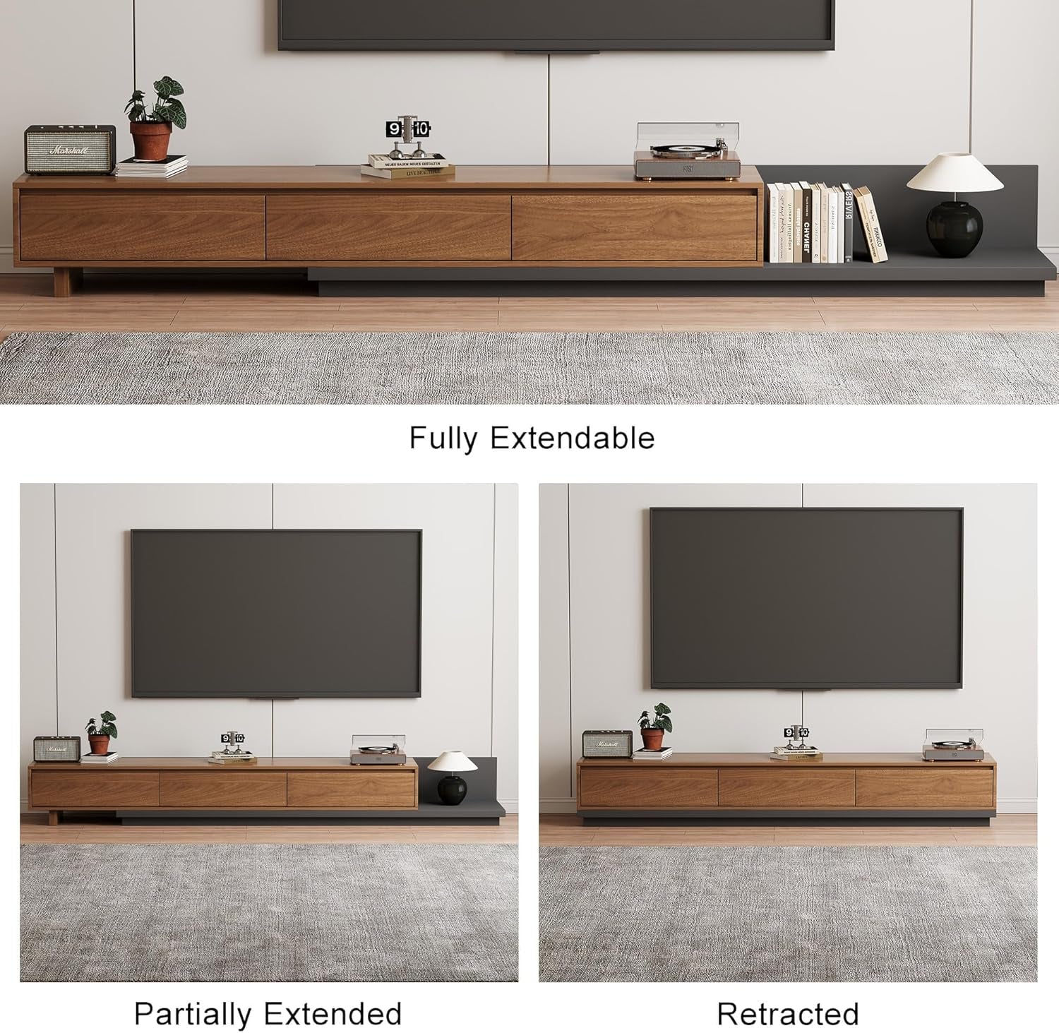 Adjustable TV Stand with 3 Drawers - Mid-Century Modern Extendable Entertainment Center for Living Room or Bedroom(78.7–130"), Stylish Walnut Media Console