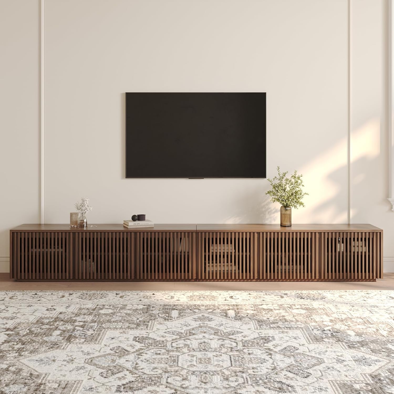 Full Assembled Mid Century Modern TV Stand, 118” Extra-Large Entertainment Center for 100 Inch TV, Wood Slatted TV Media Console with Storage for Living Room Bedroom