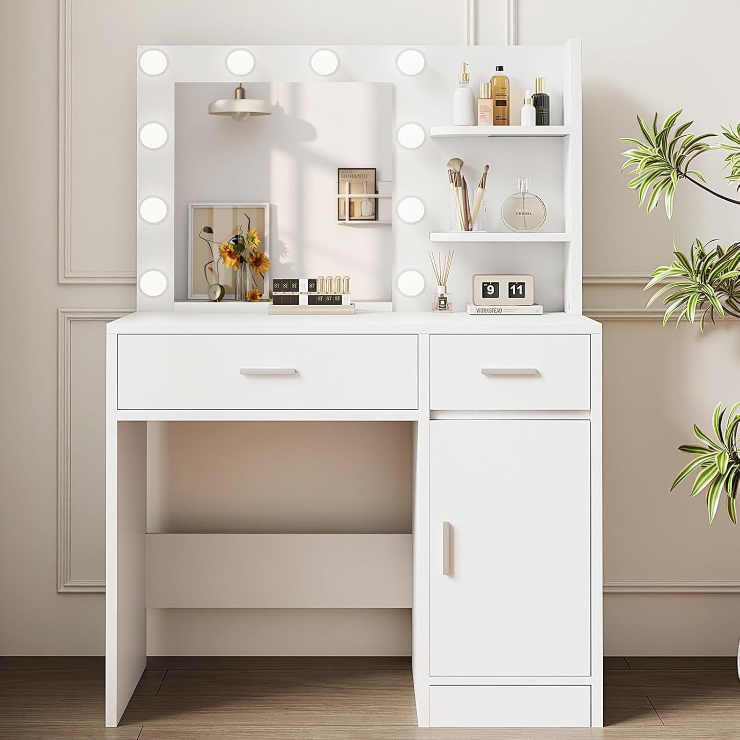 Lighted Makeup Vanity Desk, 35.4“W X 15.7'”D X 54“H, White (With Lights and Mirror, Dimming Function, 2 Drawers and 1 Cabiniet, Open Shelves) by Boahaus