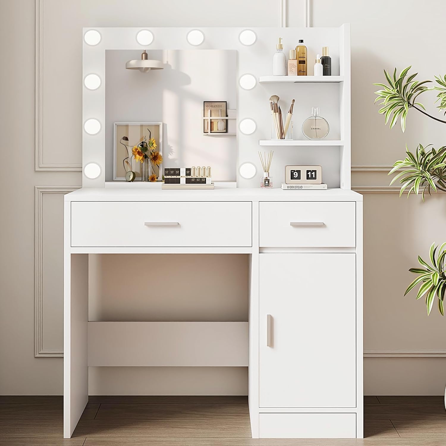Lighted Makeup Vanity Desk, 35.4“W X 15.7'”D X 54“H, White (With Lights and Mirror, Dimming Function, 2 Drawers and 1 Cabiniet, Open Shelves) by Boahaus