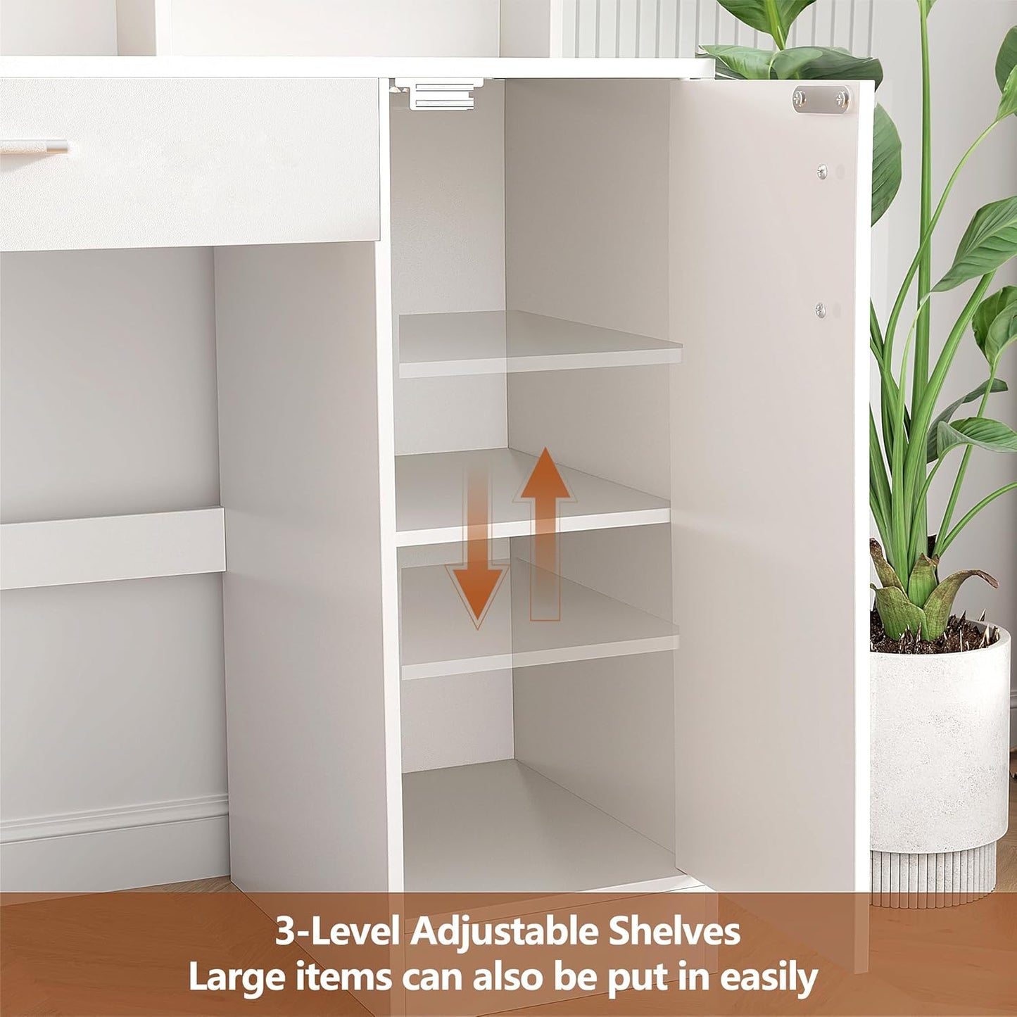 Vanity Desk with Mirror & Lights, White Makeup Desk with Drawers & Cabinet, 3 Lighting Modes & 10 Brightness, Vanity for Bedroom & Dressing Room