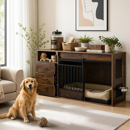 59.8 Inch Large Dog Crate Furniture with 3 Storage Drawers