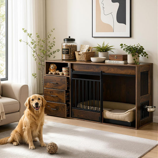 59.8 Inch Large Dog Crate Furniture with 3 Storage Drawers