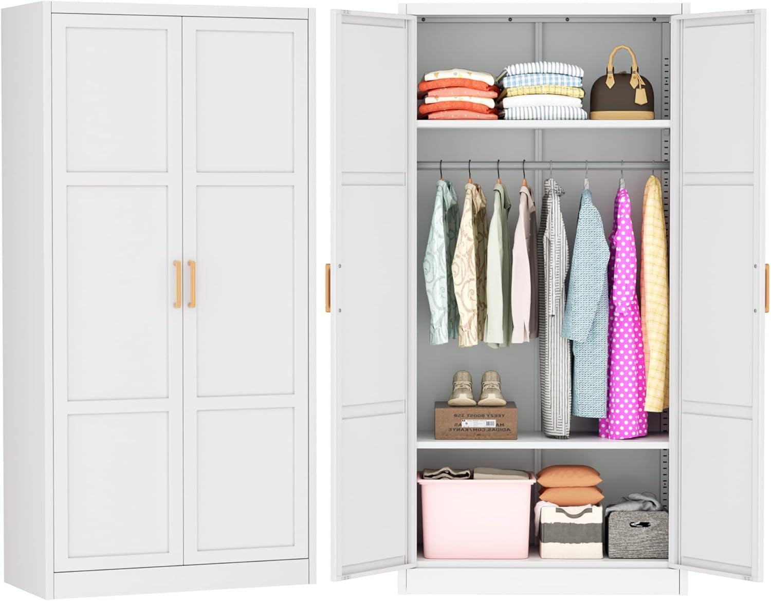 Metal Wardrobe Closet with Doors and Shelves,72" Armoire Wardrobe Closet for Hanging Clothes for Office, Home, School, Employee,Gym(White,36" W X 18" D,Warm Style)