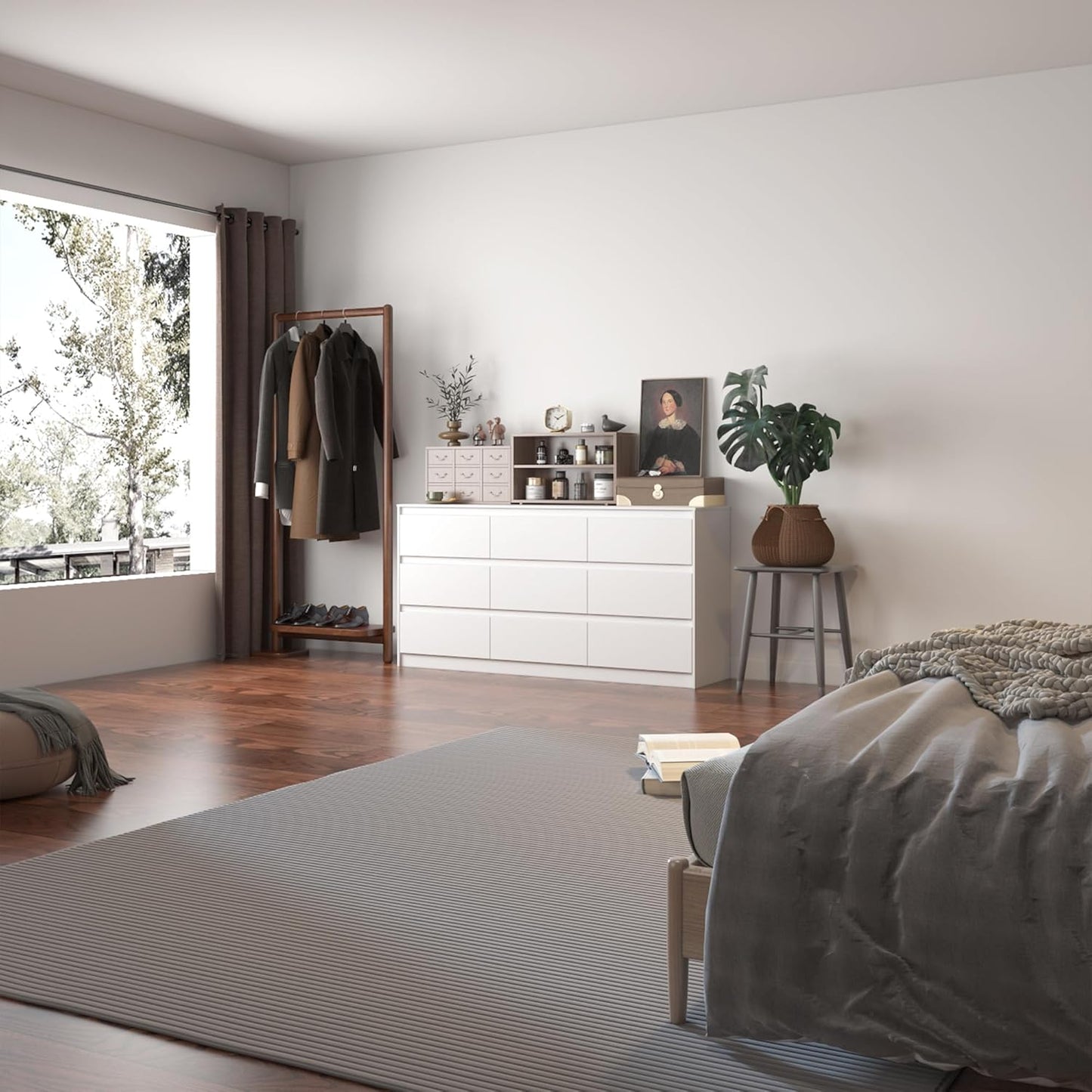 9 Drawer Dresser for Bedroom with Deep Drawers, Large Floor Wood Dressers & Chest of Drawers Handle Free, Modern White Long Dressers for Closet Living Room, Euro Slide (63"W X 15.7"D X 31.5"H)