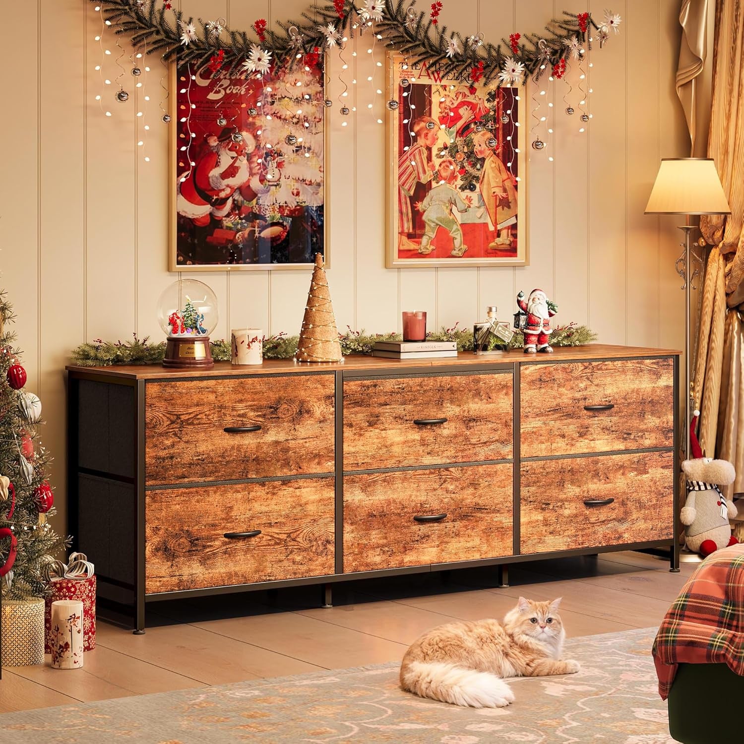 63 Inch Long Dresser for Bedroom, Wide TV Stand for 55, 65, 70 Inch TV, 6 Drawer Dresser for Closet with Fabric Drawers, Storage Organizer for Bedroom, Entryway, Rustic Brown