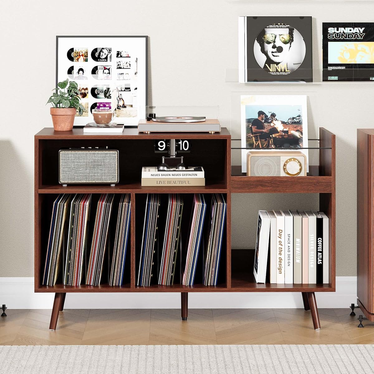 Large Record Player Stand for Living Room, Walnut