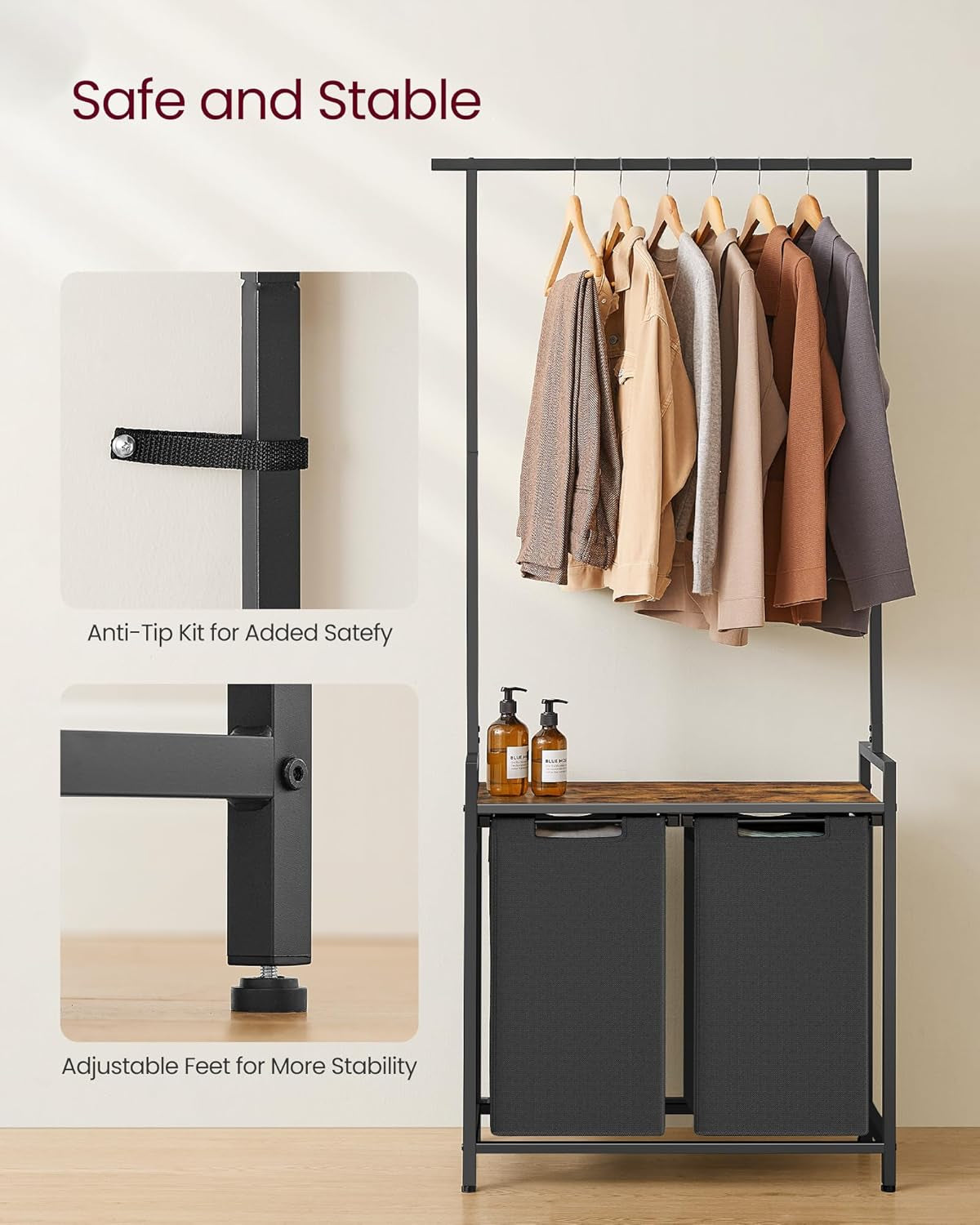 Laundry Sorter, Laundry Hamper 2 Section with Clothes Rack, Pull-Out and Removable Laundry Basket with Shelf, 28.7 X 13 X 69.7 Inches, Rustic Brown and Black UBLH241B01