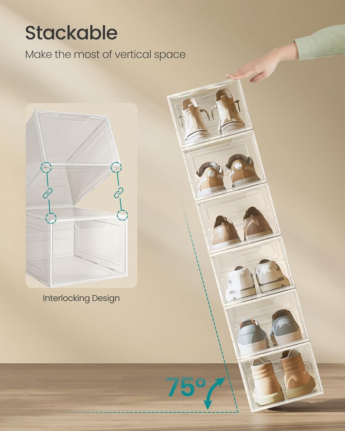 Shoe Boxes, Clear Shoe Organizers, Set of 12, Plastic Shoe Storage with Clear Door, Easy Assembly, up to US Size 13, Transparent White ULSP032W12