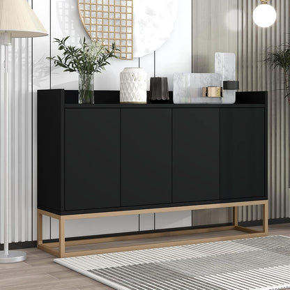 LUMISOL Modern Sideboard Storage Cabinet with Doors and Adjustable Shelves Wooden Kitchen Sideboard Buffet Cabinet with Metal Base and Fence Tabletop, Black