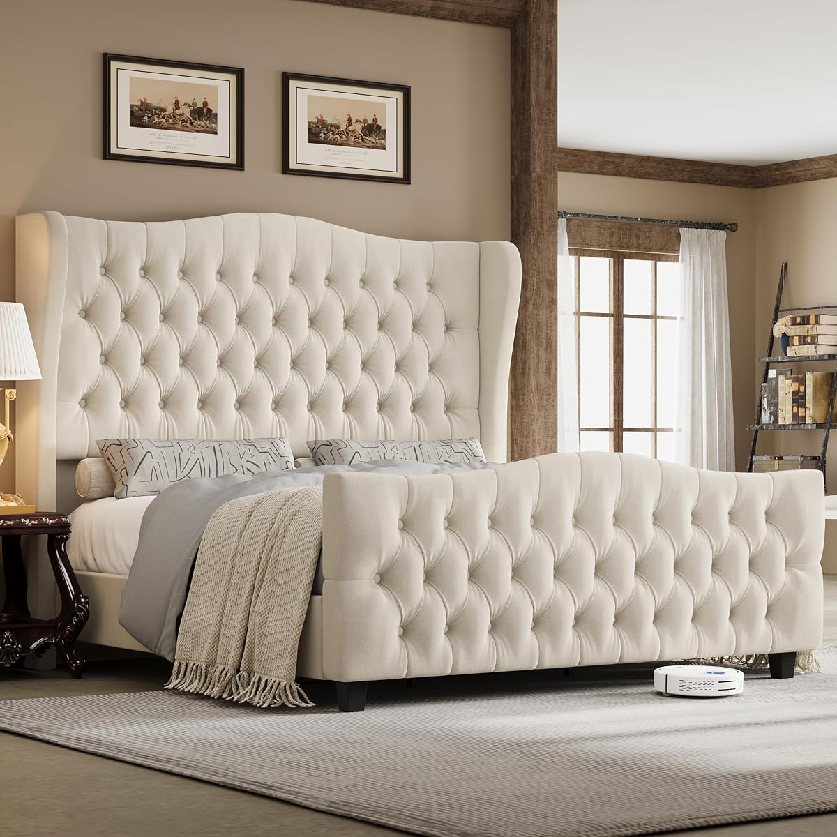 Queen Size 54.3" Tall Bed Frame with Wingback Headboard & Footboard