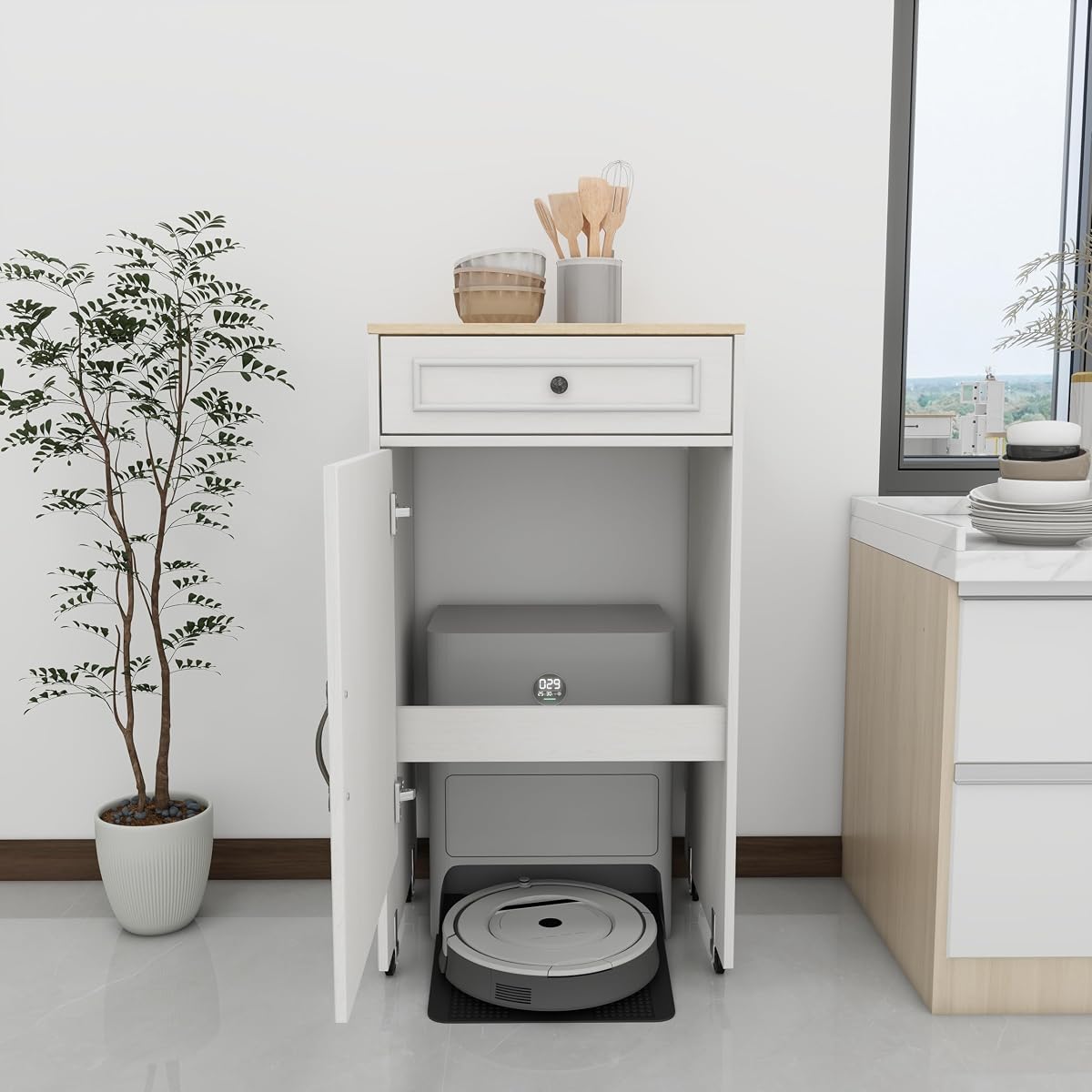Robot Vacuum Storage Cabinet with Wheels - Antique White Side Table with Drawer & Doors for Living Room, Kitchen, Office