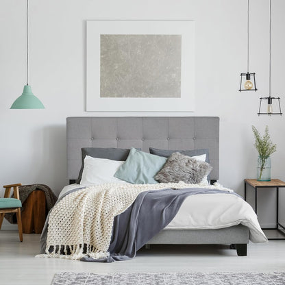 Laval Bed Frame, Queen Size Upholstered Bedframe, Light Grey