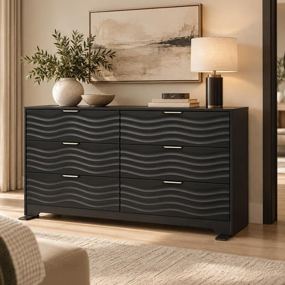 55" Wide Coastline Fluted 6 Drawers Dresser for Bedroom,Black