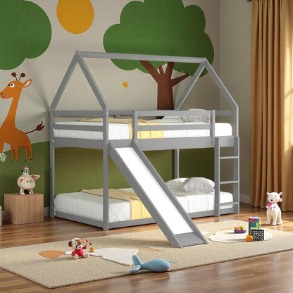 Twin Over Twin Low House Bunk Bed Frame with Slide, Gray | Wood twin over twin, roof, guardrail and ladder, for kids boys girls, wood slat support, safety guardrails and ladder